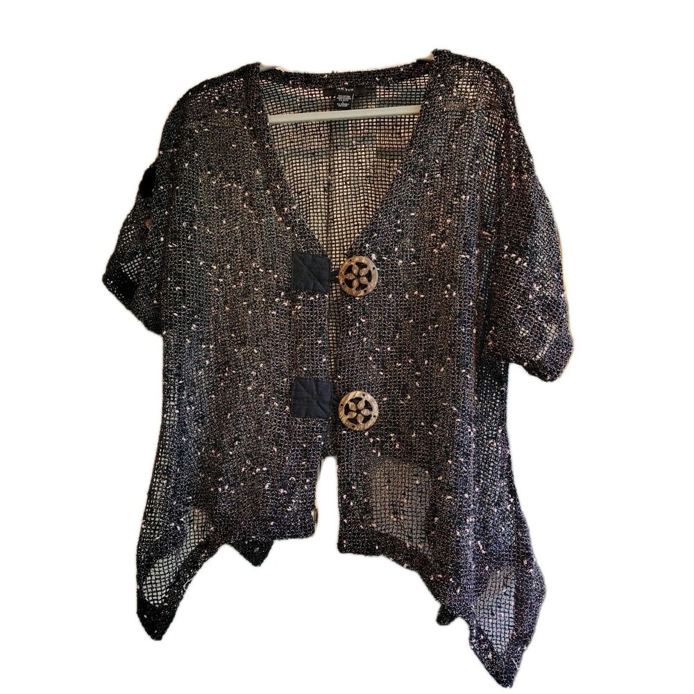 KAKTUS Layering Piece: Black Textured Open Knit Top with Wooden Buttons
